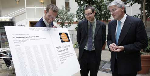 Progressio staff and campaigners hand a giant postcard to Secretary of State for International Development Andrew Mitchell